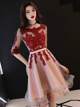 Picture of Red Color and Pink Tulle with Lace Short Sleeves Party Dresses, High Low Homecoming Dresses